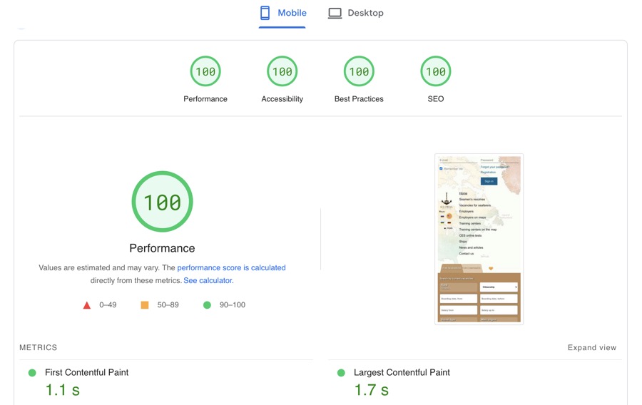 Saved mobile PageSpeed report for the Gloap crewing platform showing Performance 100.