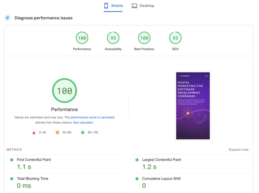 Saved mobile PageSpeed report for malinovsky.io showing Performance 100.