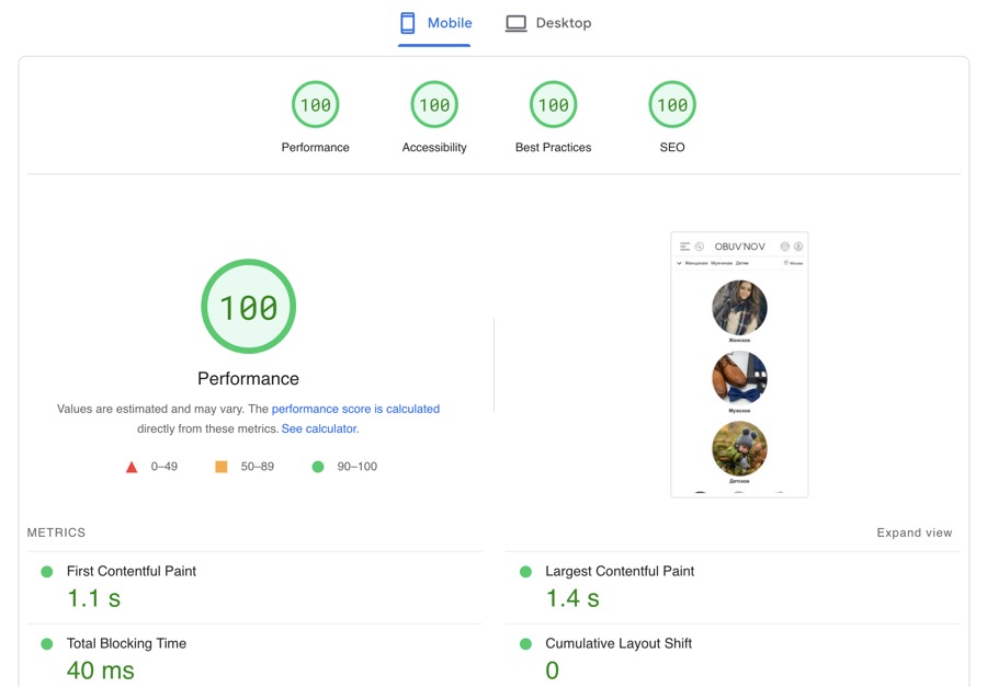 Saved mobile PageSpeed report for Obuvnov showing Performance 100.